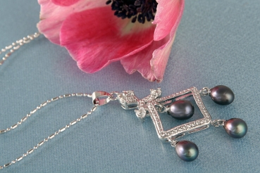 Perlencollier m. Staßsteinen P292 Violett Schwarz ca. 41cm Zucht Perlen 8mm Perlenkette