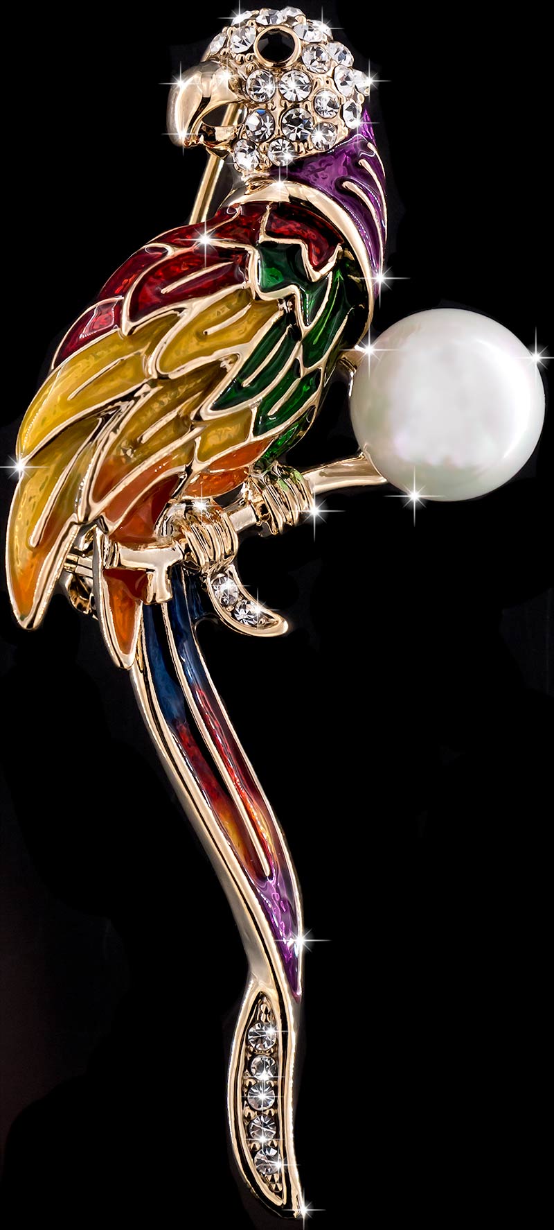 Brosche Papagei goldfarben mit bunten Federn, einer Perle und vielen weissen Strass Steinen BR048 oben