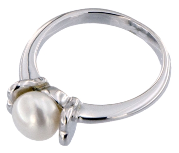 Damen Ring Perlenring 1 Perle ca. 6-7mm weiß, handgearbeitet, versilbert, rhodiniert P225 Größe US 7.5 Standard 56  GY015